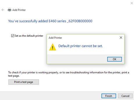 unable to set printer as default windows 10