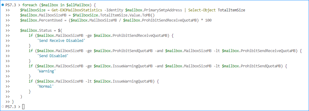 exchange mailbox size report powershell