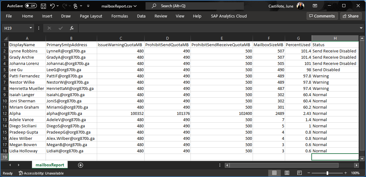 office 365 mailbox size report powershell