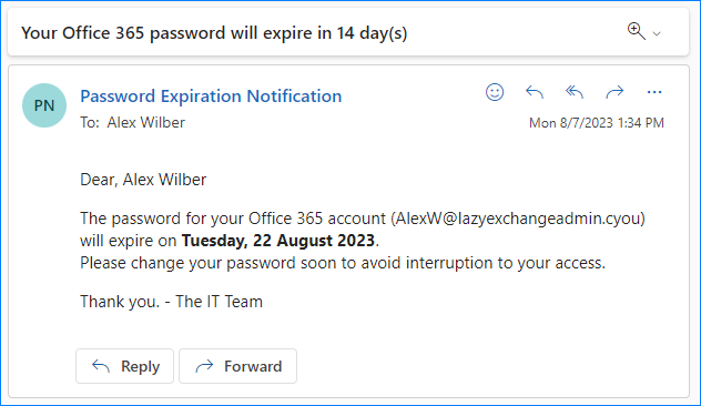 office 365 password expiration email notification