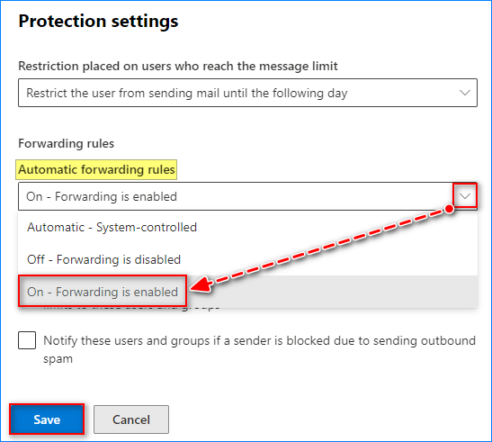 how to allow external forwarding office 365