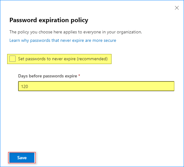 password policy office 365