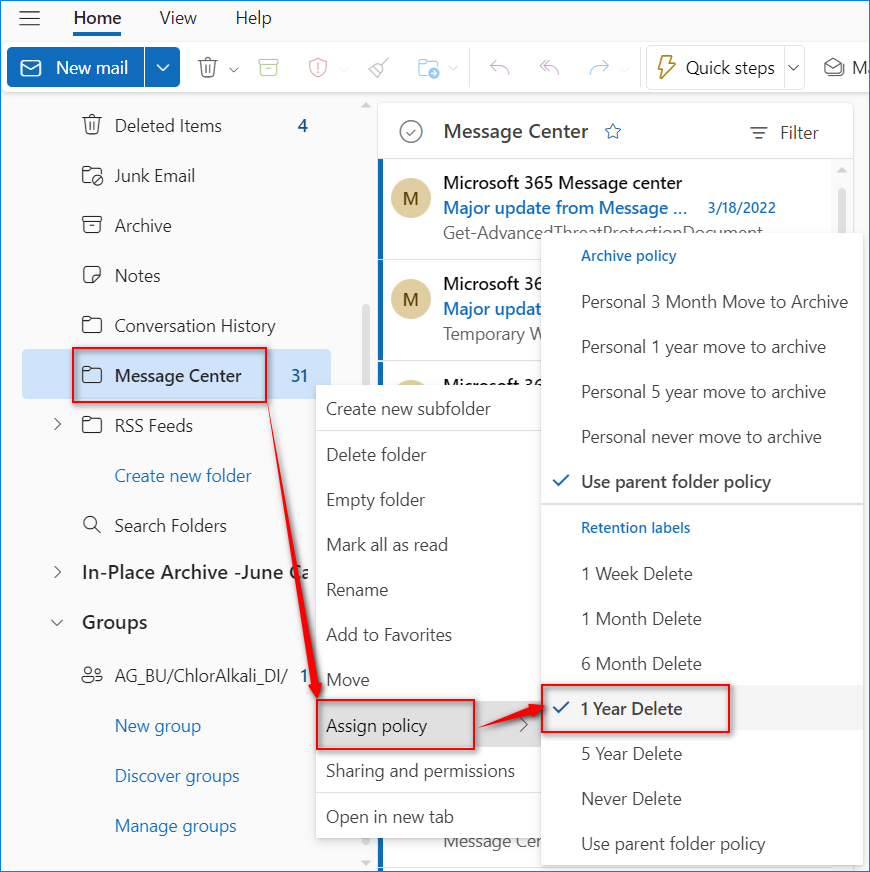 exchange retention policy office 365