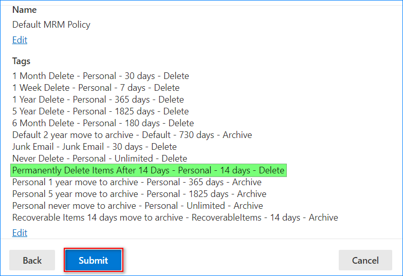 o365 mailbox retention policy