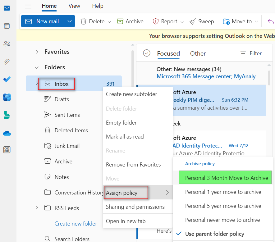 exchange online archive policy