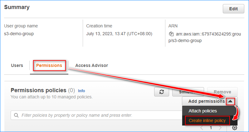 Create inline policy aws s3