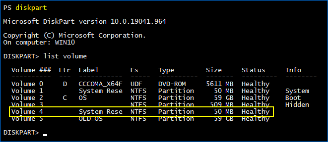 delete system reserved partition diskpart