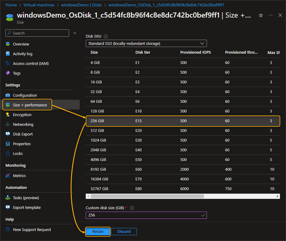 resize azure vm disk