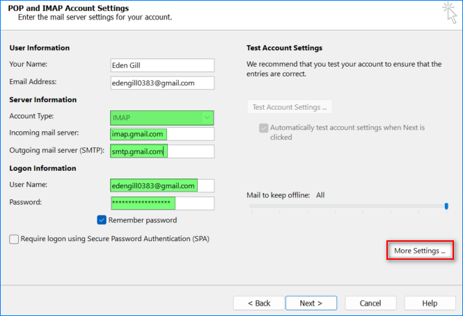 gmail settings in outlook