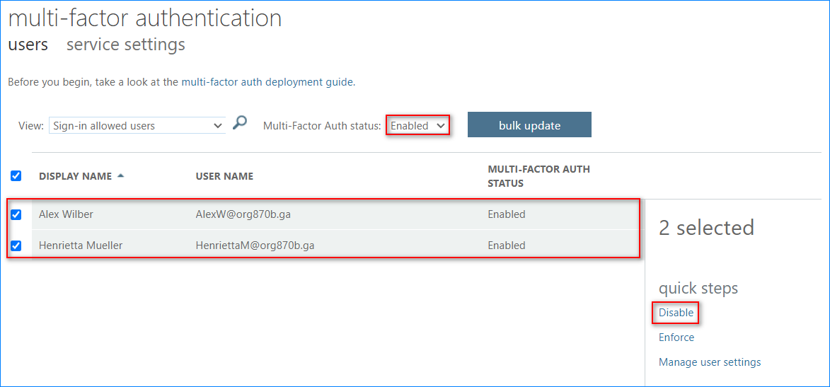 azure disable mfa for single user