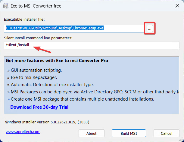 convert exe to msi cmd