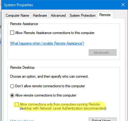 the remote computer you are connecting to requires nla