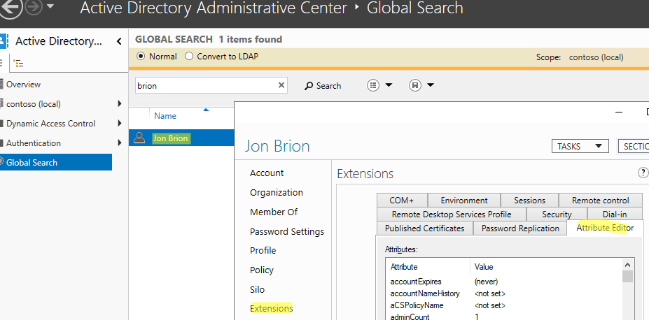 active directory attributes tab